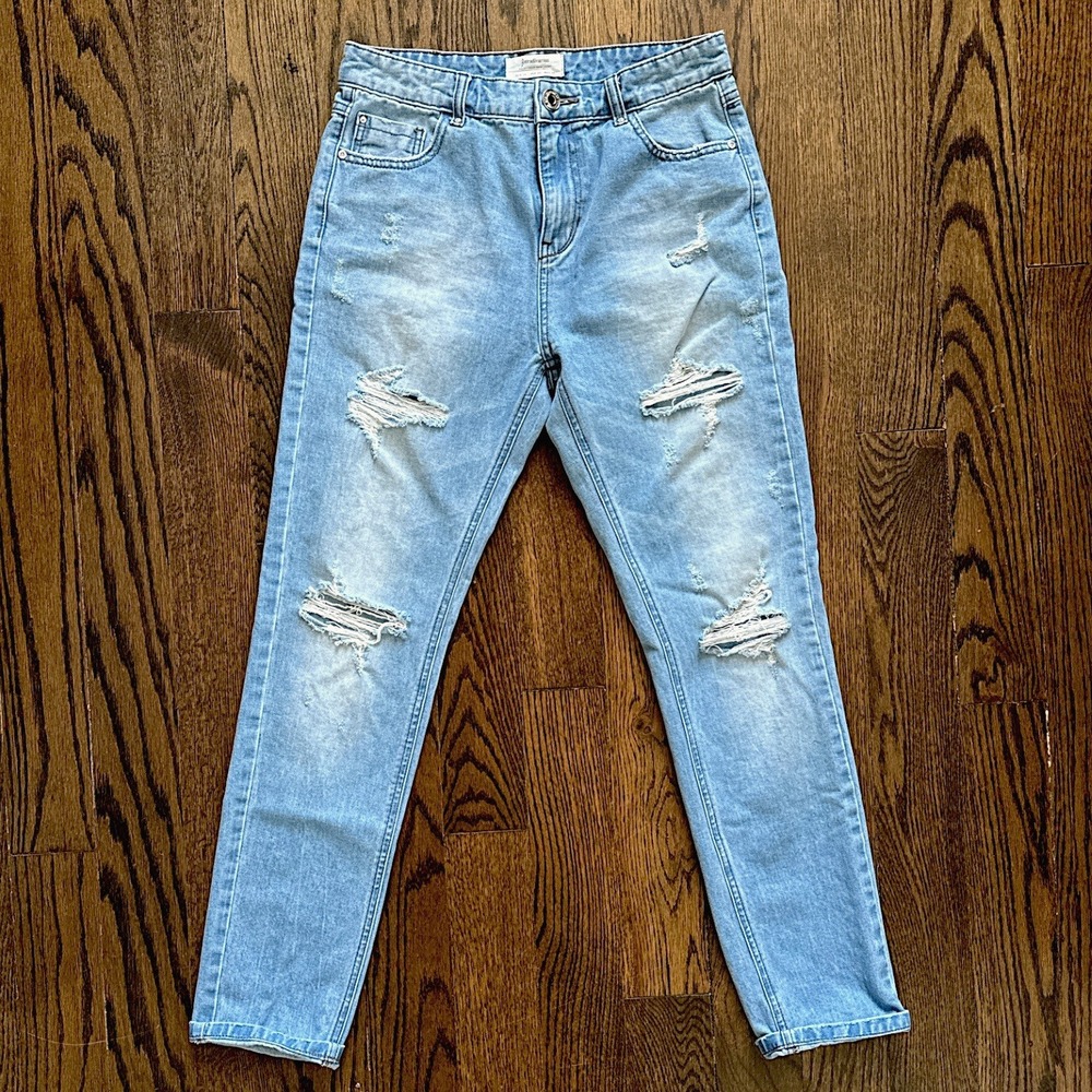 Stradivarius Distressed‎ Mom Jeans High Waist Ripped Denim Light Wash Size 02